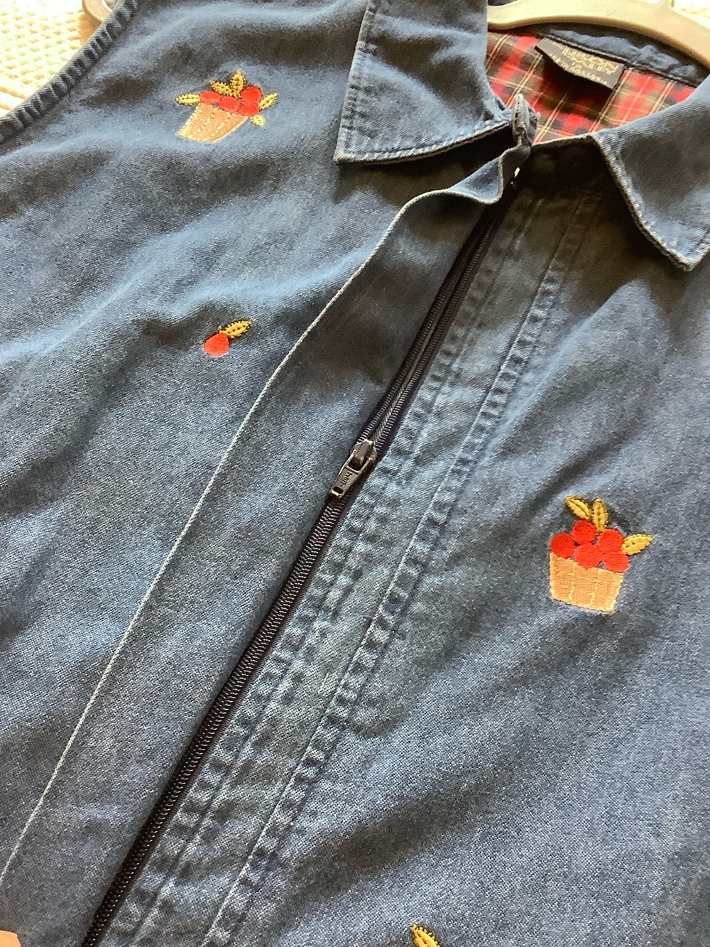 Vintage Embroidered Denim Sleeveless Zip-Up Vest with Red Floral Motif - Picture 7 of 9